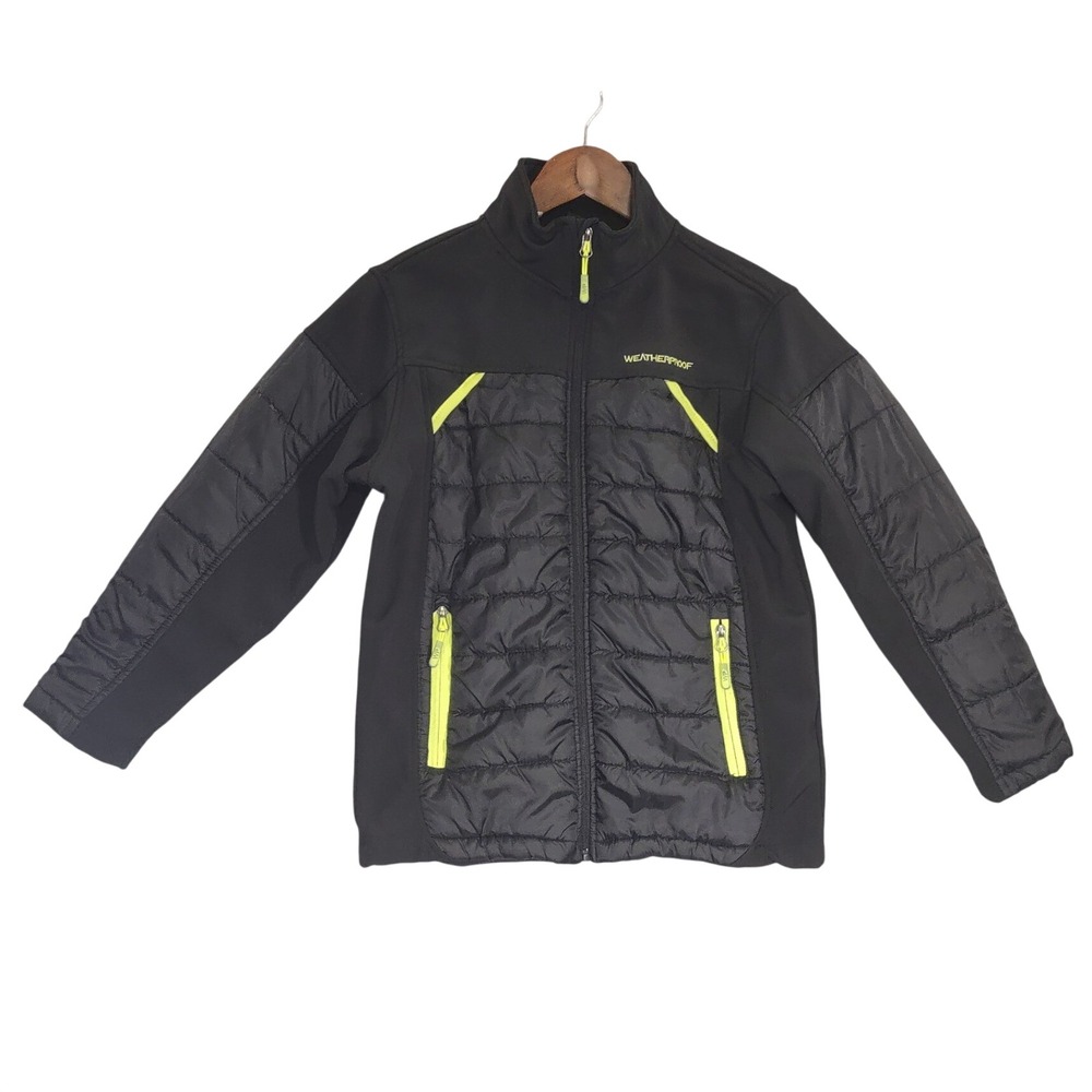 Weatherproof Hybrid Jacket Kids Size M 10/12 Black Neon Quilted Puffer Excellent